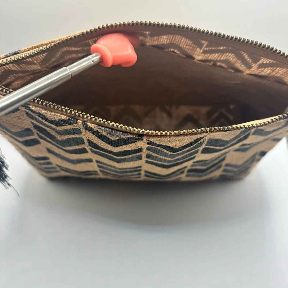 Neiman Marcus Jute Chevron Cosmetic Bag Tassel NWOT